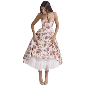 Elegant French floral mesh strap dress with layered puffy skirt and princess cut silhouette