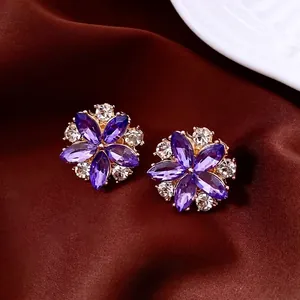 French palace style purple crystal flower earrings with sparkling rhinestone accents