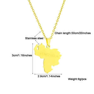 Detailed size chart for golden stainless steel Venezuela map pendant necklace for unisex