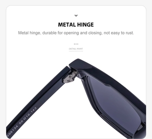 Close-up of the durable metal hinge and model specifications on black sunglasses