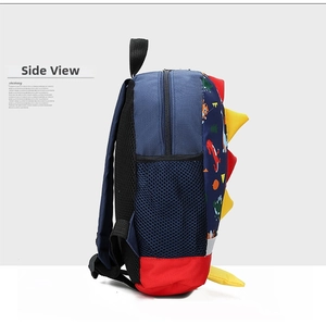 Side view of dinosaur kid backpack showing mesh side pocket and 3D decorative dorsal fins