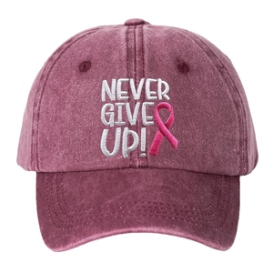 Washed burgundy baseball cap featuring Never Give Up embroidery and pink ribbon design