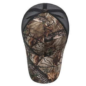 Outdoor camouflage trucker hat with breathable black mesh and forest leaf pattern
