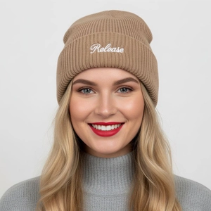 Stylish khaki ribbed knit beanie with white Release embroidery for autumn and winter warmth