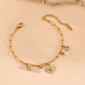 Elegant gold plated stainless steel bracelet with pearl and heart turquoise charm pendants