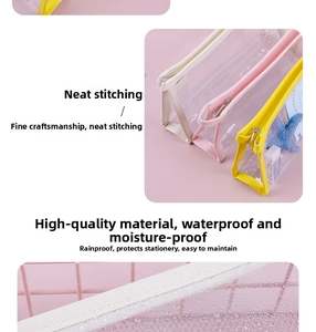 Detail of waterproof transparent pencil case showing neat stitching and zipper quality