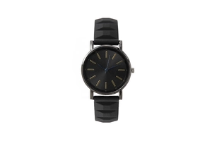 Detail of minimalist black silicone watch with gold indices and blue second hand
