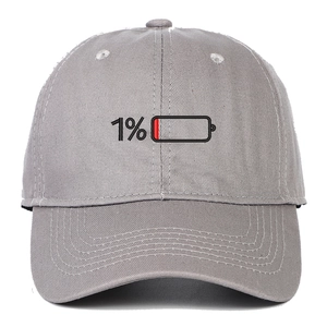 Detailed close-up of 1% battery embroidery on dark grey cotton baseball dad cap