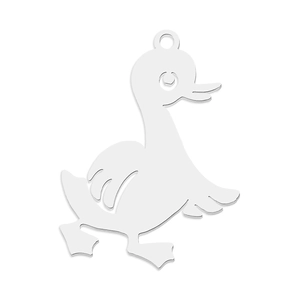 Detailed close-up of a hollow duck pendant made of polished silver stainless steel