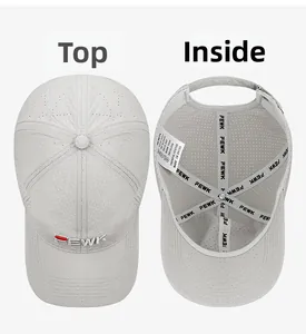 Detail view of breathable lightweight fabric and inner logo straps on grey baseball cap