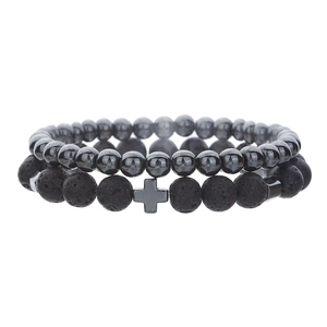 Detail of hematite and lava stone beads with metal cross pendants on a bracelet set