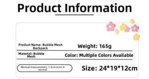 Detailed size specifications and material info card for seersucker backpack