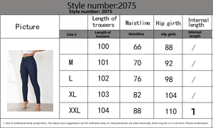 Size chart table showing measurements for high-waisted skinny lift-up jeans in sizes S to XXL