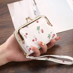 White cherry pattern leather card wallet with gold zipper and wristlet for women