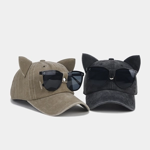 Vintage washed canvas baseball caps with cat ears and pilot glasses in green and gray