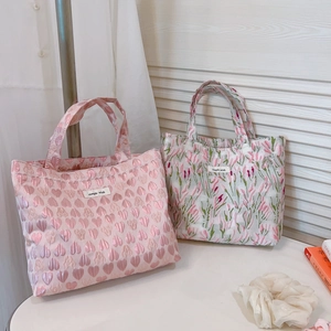Sweet pink heart jacquard fabric tote bag and green tulip floral pattern handbag set