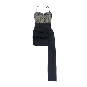 Detailed lace bodice and side drape of a sexy black and beige mini dress