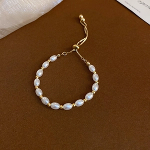 Artificial Pearl Beaded Bracelet Alloy Faux Rice Artificial Pearls Gold Beads Adjustable Drawstring Commuter Elegant Jewelry For Women