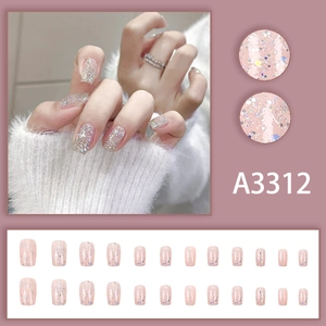 Sparkly light pink glitter press-on nails set with 24 pieces in various sizes for women