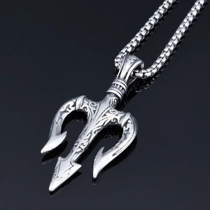 Vintage silver Viking trident pendant necklace in stainless steel with carved textures