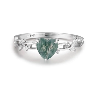 S925 sterling silver moss agate heart ring featuring leaf vine design and micro diamonds