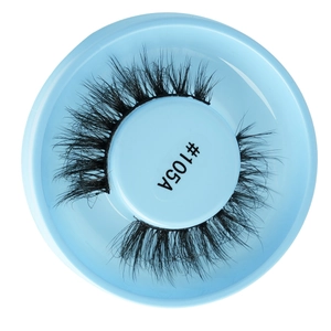 Top view of self-adhesive black false eyelashes model #105A in a light blue round case
