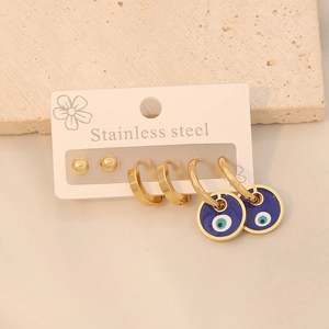 Set of 3 pairs stainless steel earrings with evil eye charms and gold ball studs