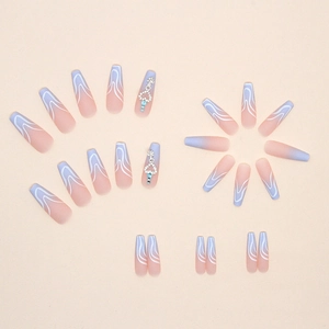 Long ballerina press-on nails with peach purple gradient, glitter accents, and heart charms