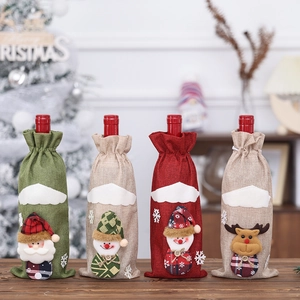 Set of 4 Christmas burlap wine bottle covers with Santa, Snowman and Reindeer dolls