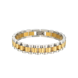 Detailed view of two-tone gold and silver link bracelet with watch strap design