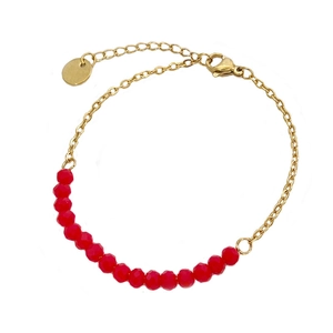 Handmade beaded bracelet with red faceted crystals and adjustable gold chain for women