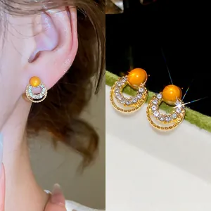 Round Stud Earrings With Cat Eye Stone Rhinestone And 925 Sterling Silver Earring Post French Vintage Jewelry For Women