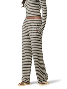 Detail view of striped lounge set featuring side pockets and elastic waistband on trousers