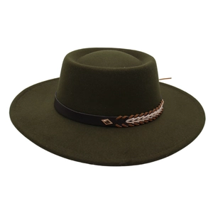 Detail of dark green wool felt hat with brown leather band and gold metal buckle