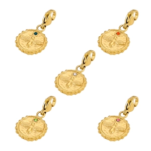 Gold stainless steel bee coin pendants with colorful gemstones and lobster clasps