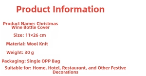 Detailed specs for the 11x26cm wool knit Christmas wine bottle cover holiday decoration