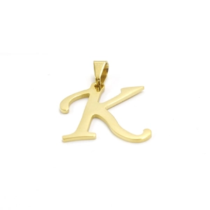 Macro shot of gold-plated stainless steel letter K pendant with high polished finish