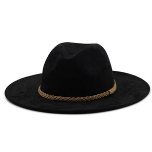 Classic black faux suede cowboy hat with tan braided band on a white background
