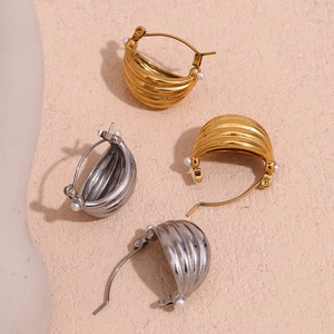 Multi Layer Boat Shaped Hoop Earrings 18K Gold Plated Stainless Steel Ribbed With Faux Artificial Pearls Elegant Jewelry For Women