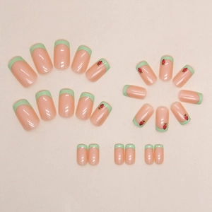 French tip grass green press-on nails set with cute strawberry patterns in medium length