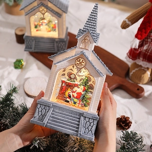 Lighted Christmas church lantern with Santa Claus and fireplace scene decor