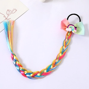 Colorful kids braided hair tie with cute rainbow bow and elastic band for daily styling and parties.