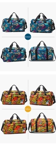 Detail view of large travel tote bags with tropical leaf prints in green and yellow