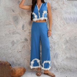 Haut Sans Manches Col En V Et Pantalon Large Femme Vacances Été Bohème Viscose Broderie Florale Dentelle Ajourée