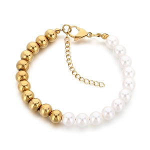 8mm glass bead and stainless steel pearl splice bracelet with adjustable golden clasp