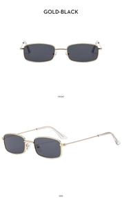 Detailed front and side views of vintage gold metal rectangle sunglasses with black lenses