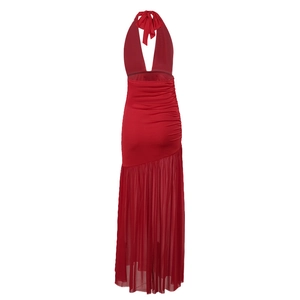 Detail of red halter neck backless dress with satin bodice and pleated mesh skirt