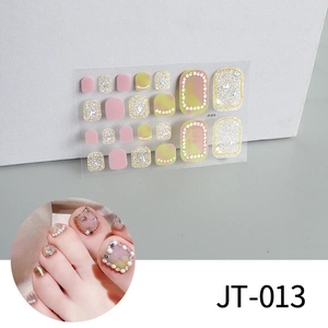 Detail of JT-013 pink and green gradient 3D toe nail stickers with silver glitter and rhinestones