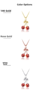 Detailed comparison of cherry pendant necklaces in 14K gold, rose gold, and white gold finishes