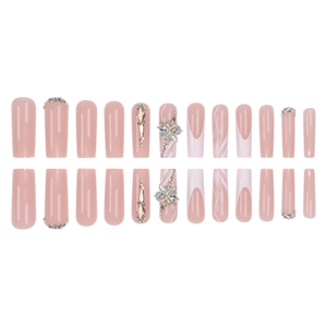 Nude pink long square press-on nails with champagne gold bows and crystals